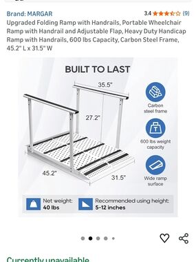 MARGAR Folding Wheelchair Ramp with Handrails - Silver/Black
